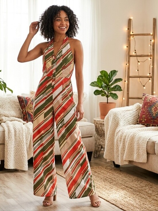 Peach Love California Pants - PEACH LOVE CALIFORNIA Striped Halter Palazzo Pants Jumpsuit in Olive & Rust